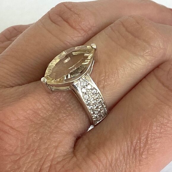 Sterling Silver 925 BBJ Marquise Faceted Yellow CZ & Clear Spinel Accent Ring - Picture 3 of 16